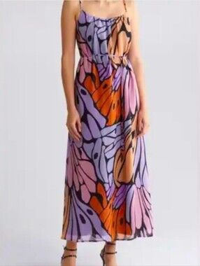 Sam Edelman Purple, Pink & Orange Butterfly Trapeze Maxi Dress